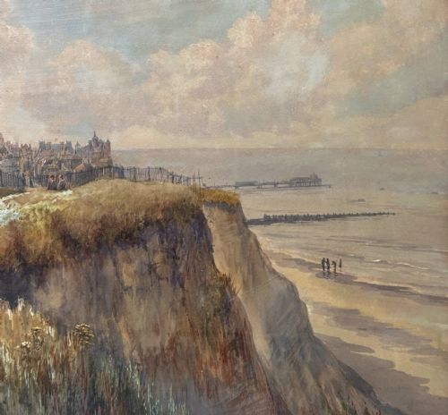 fig 7. An antique watercolour painting depicting a coastal cliff path with figures overlooking the town of Cromer, a church tower, and the sea.