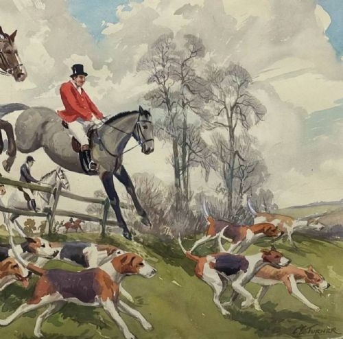 fig 1. A watercolour painting depicting mounted riders in red hunting coats clearing a wooden fence alongside a pack of hounds in countryside surroundings.