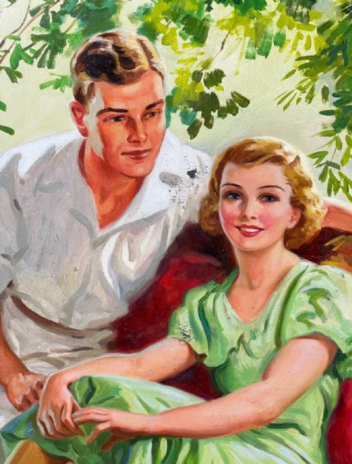 fig 1. Mid-century acrylic painting depicting a man and a woman in a green dress seated together inside a boat.