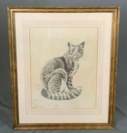 fig 1. A vintage graphite pencil drawing on off-white paper depicting a seated tabby cat, signed J. Manrique in the lower left corner.