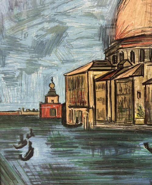 fig 1. A mixed media painting depicting the Santa Maria della Salute basilica and gondolas in the Venetian lagoon with expressive linear brushstrokes in blue, black, and terracotta tones.