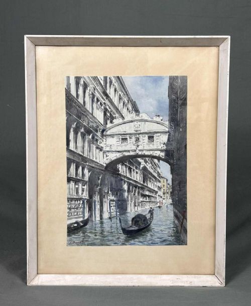 VITTORE ZANETTI ZILLA ANTIQUE WATERCOLOUR GONDOLIER PASSING BENEATH THE BRIDGE OF SIGHS - ADDITIONAL PHOTO 3