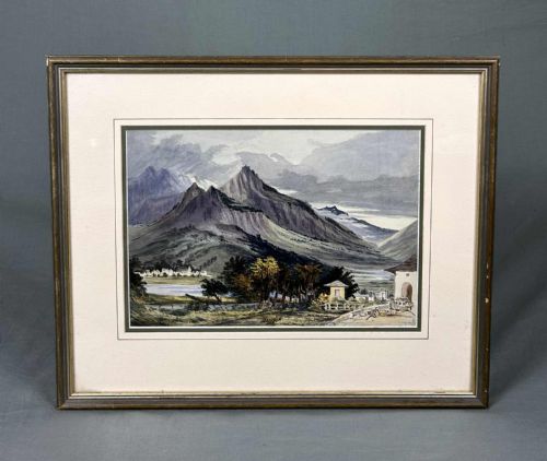 VICTORIAN WATERCOLOUR VIEW OF NATERS FROM BRIEG SWITZERLAND 1870 - ADDITIONAL PHOTO 1