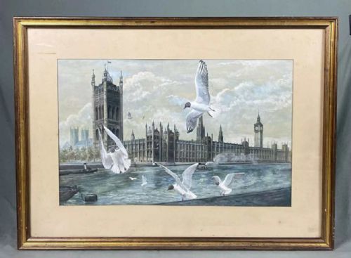 fig 1. A watercolour painting depicting seagulls in flight over the River Thames with the Palace of Westminster and Big Ben in the background under a cloudy grey sky.