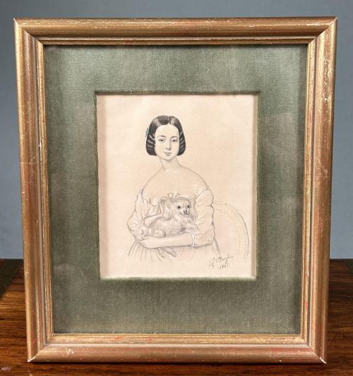 MID VICTORIAN PENCIL DRAWING PORTRAIT OF A LADY AND HER SPANIEL 1845 SIGNED - ADDITIONAL PHOTO 1