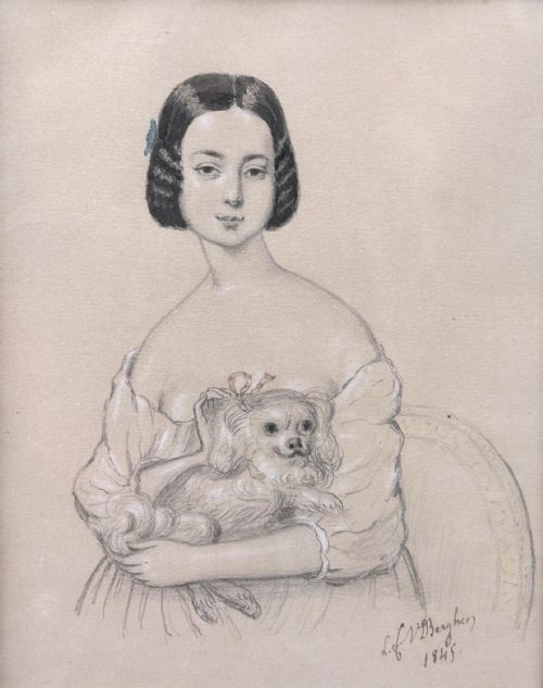 MID VICTORIAN PENCIL DRAWING PORTRAIT OF A LADY AND HER SPANIEL 1845 SIGNED - ADDITIONAL PHOTO 2
