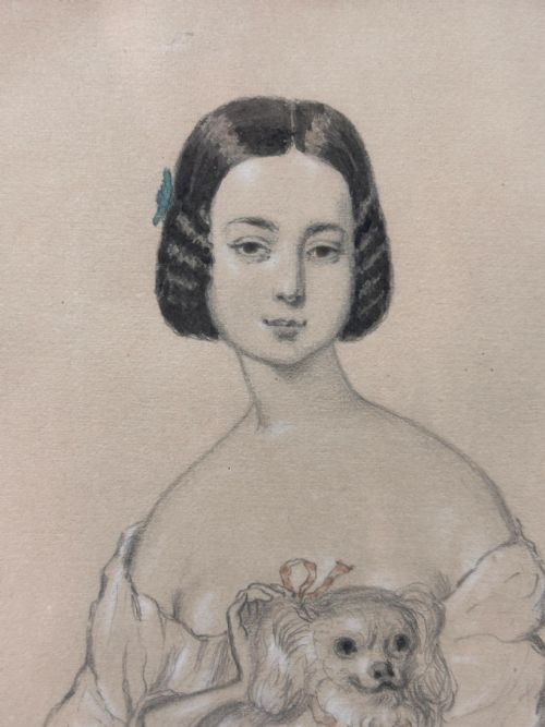 MID VICTORIAN PENCIL DRAWING PORTRAIT OF A LADY AND HER SPANIEL 1845 SIGNED - ADDITIONAL PHOTO 3