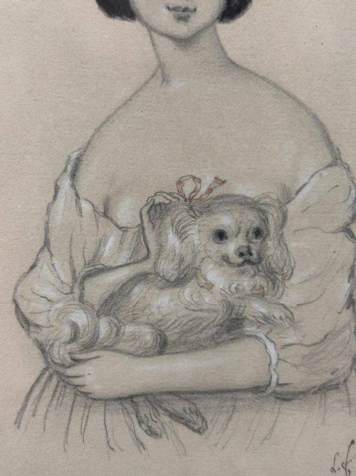 MID VICTORIAN PENCIL DRAWING PORTRAIT OF A LADY AND HER SPANIEL 1845 SIGNED - ADDITIONAL PHOTO 4
