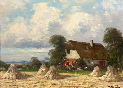 fig 1. A framed oil painting depicting a rural harvest field with haystacks, a thatched farmhouse, and a cloudy sky set within an ornate gilded frame.