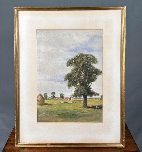 fig 1. An antique watercolour painting depicting a prominent leafy green tree in a pastoral field with grazing sheep and distant red-roofed cottages under a light blue sky.