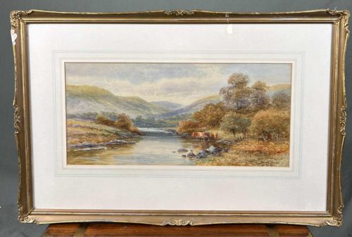 fig 1. A horizontal watercolour painting depicting cattle standing in a river surrounded by hills and trees in the Welsh countryside.