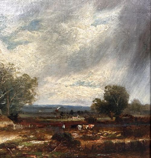 fig 1. A 19th-century oil painting depicting a rural English landscape with a thatched cottage, figures on a dirt path, dense trees, and a dramatic stormy sky.