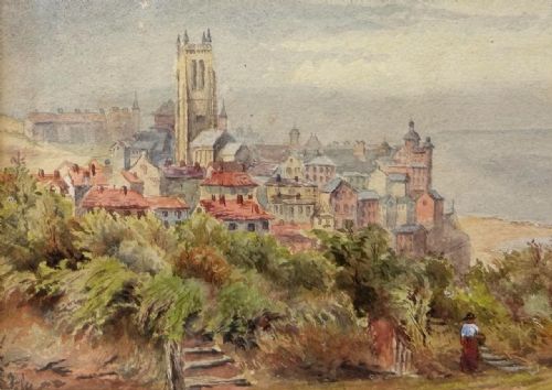 fig 1. A 19th-century watercolour landscape illustrating a coastal town with a church tower, red-roofed buildings, a grassy cliff path, and a serene sea view.