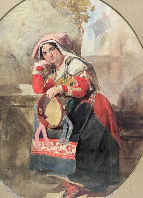 19th Century Spanish Watercolour Portrait the Travelling Musician