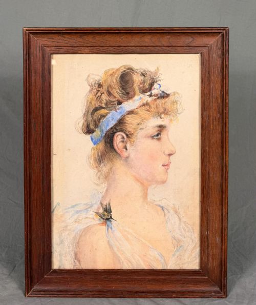 ANTIQUE WATERCOLOUR PORTRAIT YOUNG GIRL WITH HUMMINGBIRD - ADDITIONAL PHOTO 1