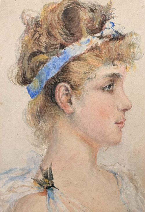 ANTIQUE WATERCOLOUR PORTRAIT YOUNG GIRL WITH HUMMINGBIRD - ADDITIONAL PHOTO 2