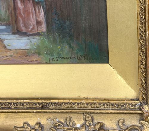 fig 1. An oil painting depicting a gentleman in period costume on a chestnut horse speaking to a woman leaning over a wooden garden gate.