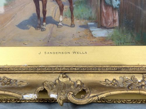 fig 2. An oil painting depicting a gentleman in period costume on a chestnut horse speaking to a woman leaning over a wooden garden gate.