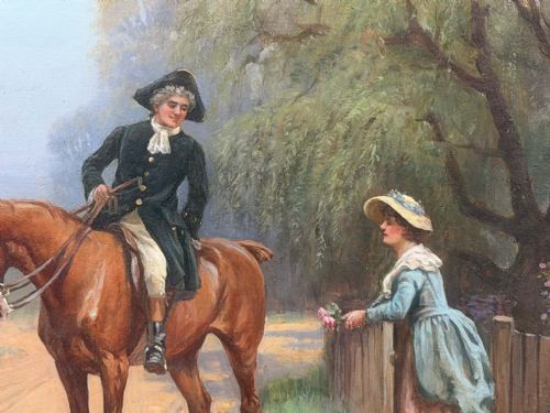 fig 3. An oil painting depicting a gentleman in period costume on a chestnut horse speaking to a woman leaning over a wooden garden gate.