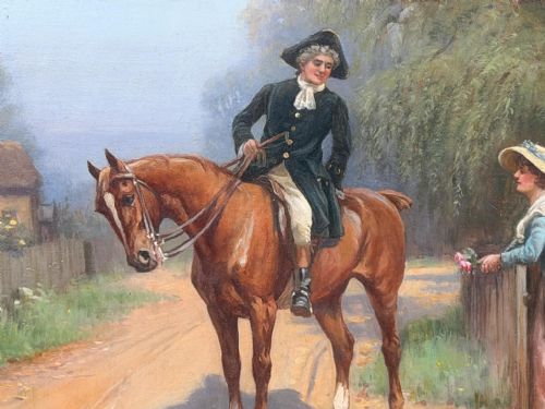 fig 4. An oil painting depicting a gentleman in period costume on a chestnut horse speaking to a woman leaning over a wooden garden gate.