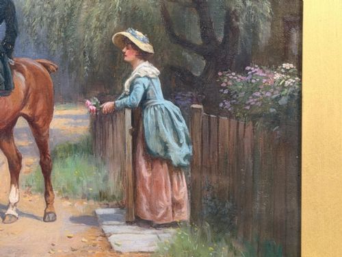 fig 5. An oil painting depicting a gentleman in period costume on a chestnut horse speaking to a woman leaning over a wooden garden gate.