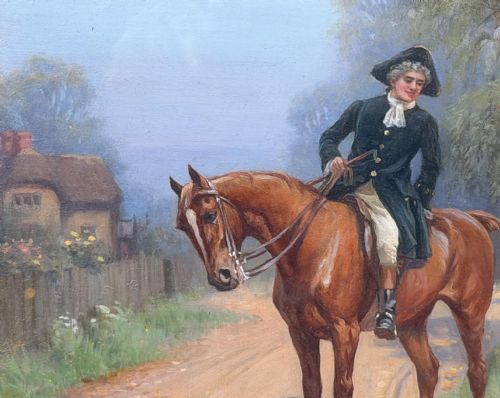 fig 6. An oil painting depicting a gentleman in period costume on a chestnut horse speaking to a woman leaning over a wooden garden gate.