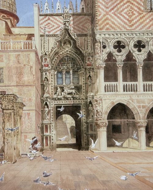 fig 1. A framed watercolour painting portraying the detailed architectural facade of St Marks Square in Venice with flying pigeons, encased in an ornate gilded frame.