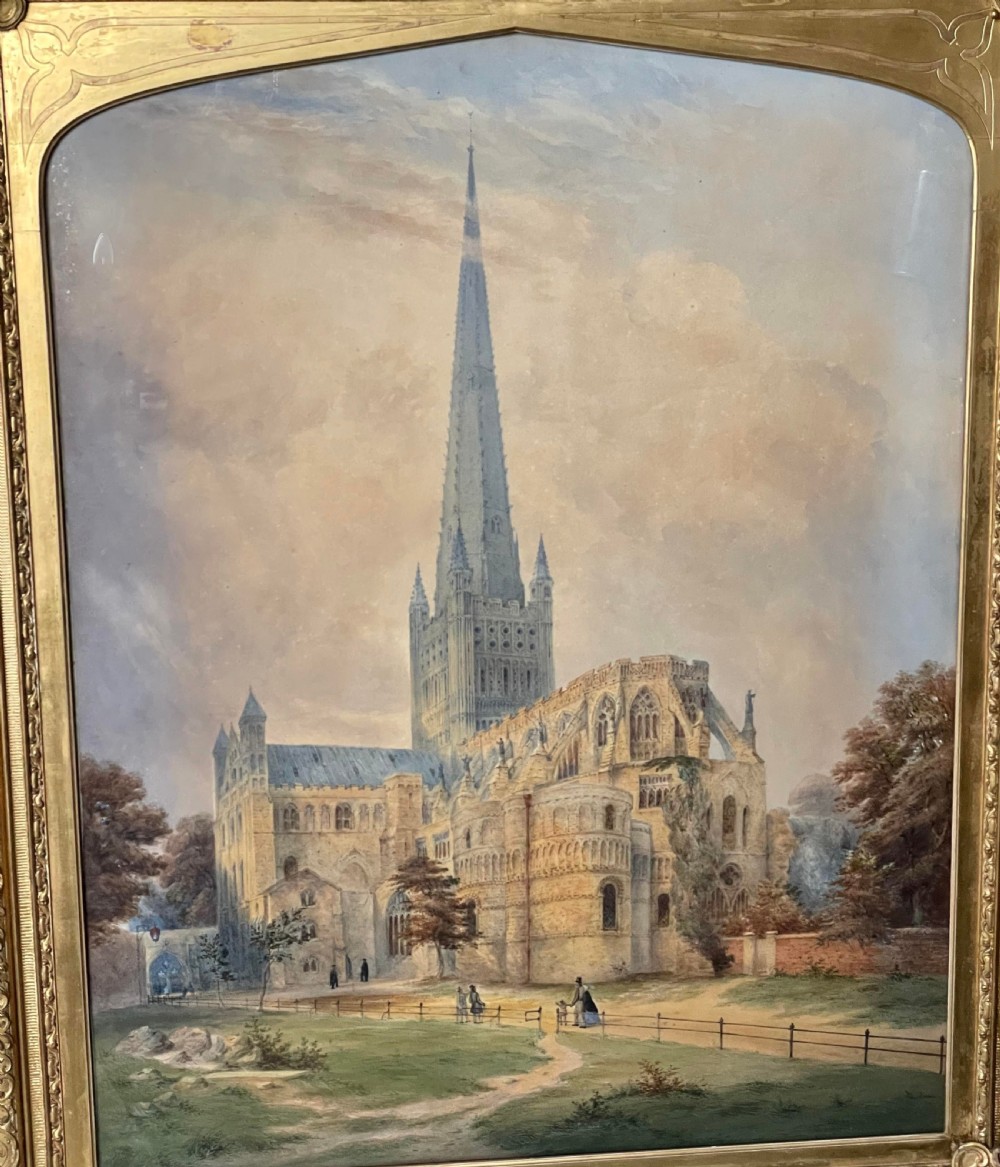 A nineteenth-century watercolour painting depicting Norwich Cathedral with a detailed spire, flying buttresses, and figures on the surrounding lawn. View II
