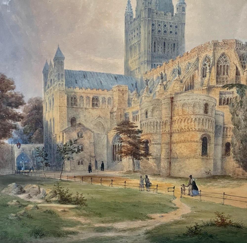 A nineteenth-century watercolour painting depicting Norwich Cathedral with a detailed spire, flying buttresses, and figures on the surrounding lawn. View VI