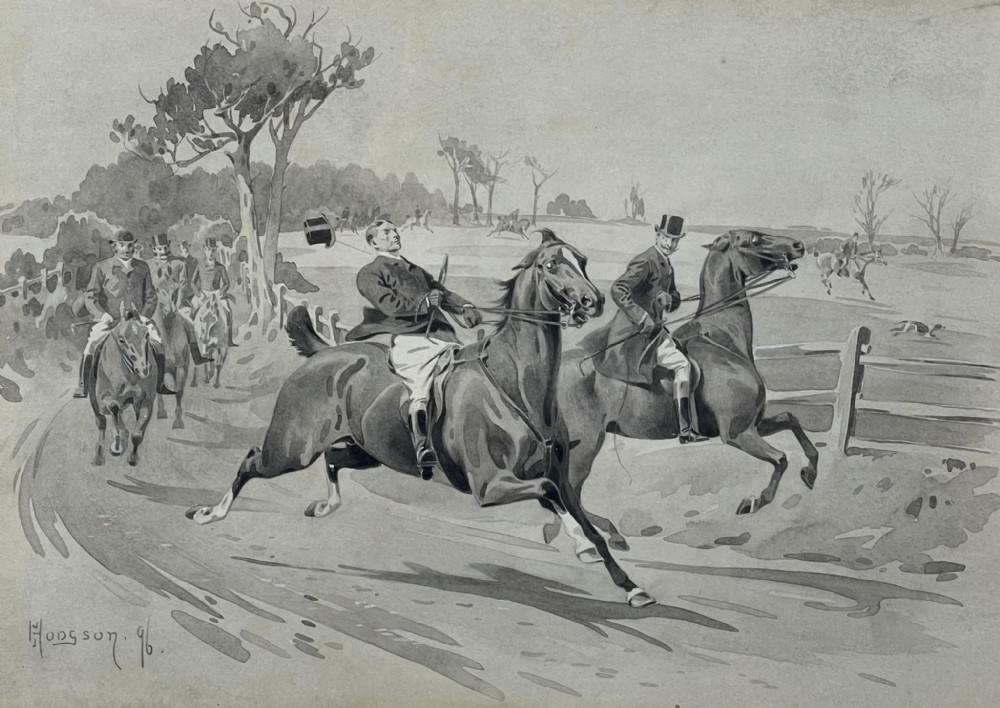 A monochrome grey watercolour painting depicting men riding horses along a dirt path during a country hunt, signed Hodgson 96.