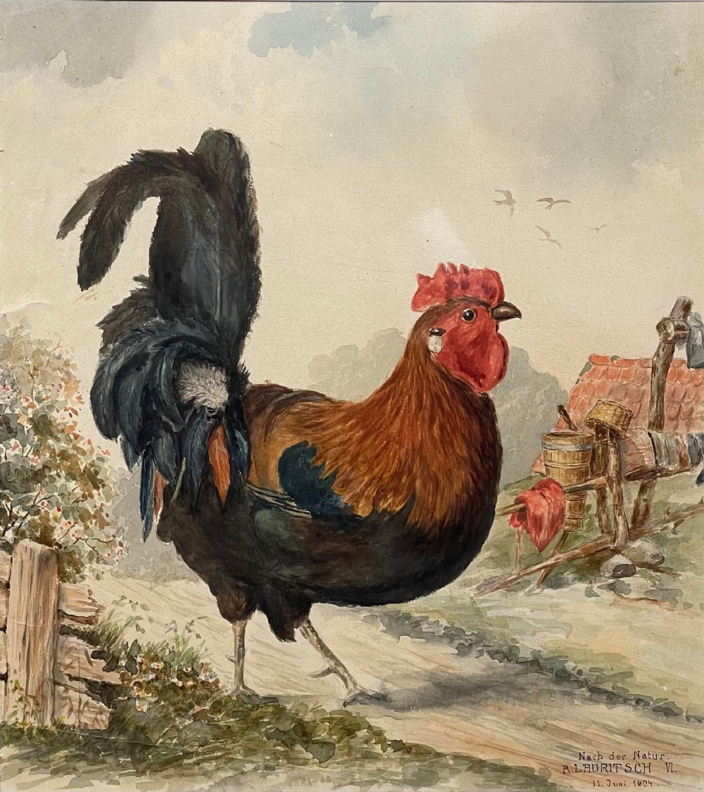 An original Edwardian watercolour painting depicting a detailed cockerel with red and brown plumage standing on a dirt path in a rural farmyard setting.