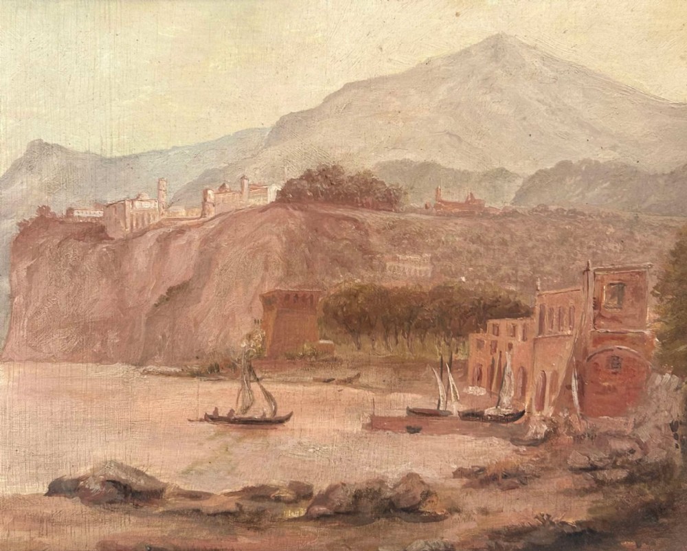 A vintage oil painting depicting an Italian coastal landscape with cliffs, terracotta-coloured buildings, small boats on the water, and a distant mountain under a soft beige sky.