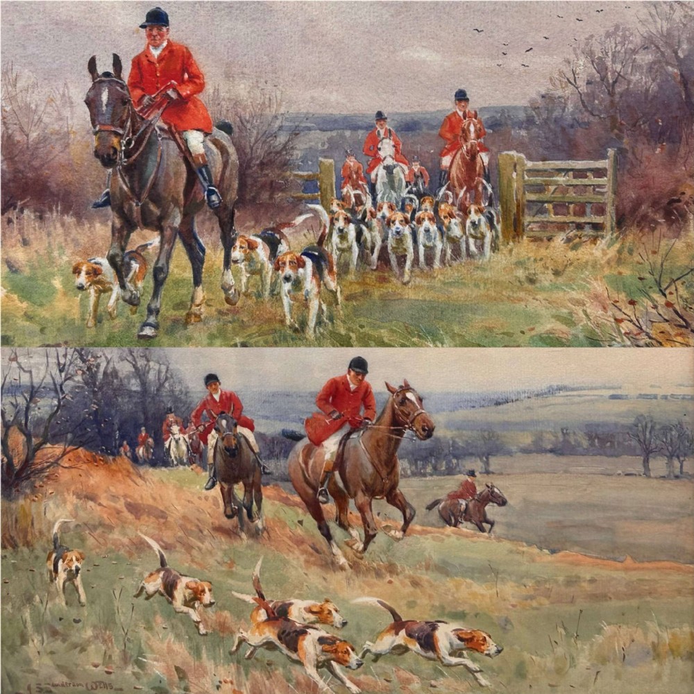A pair of watercolour paintings depicting fox hunting scenes with equestrian riders in red coats accompanied by hounds moving across countryside terrain.