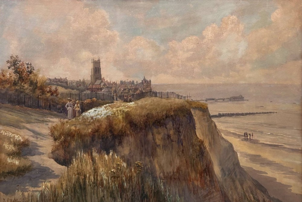An antique watercolour painting depicting a coastal cliff path with figures overlooking the town of Cromer, a church tower, and the sea.