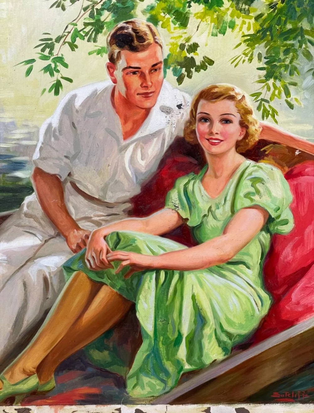 Mid-century acrylic painting depicting a man and a woman in a green dress seated together inside a boat.