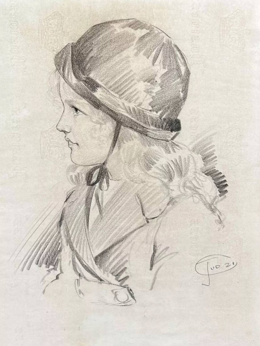 A graphite profile portrait drawing of a young girl wearing a cloche hat, signed and dated 1921.