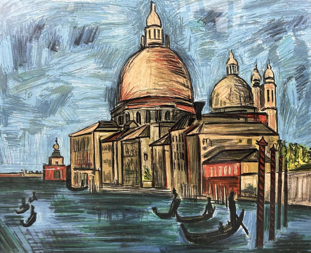 A mixed media painting depicting the Santa Maria della Salute basilica and gondolas in the Venetian lagoon with expressive linear brushstrokes in blue, black, and terracotta tones.