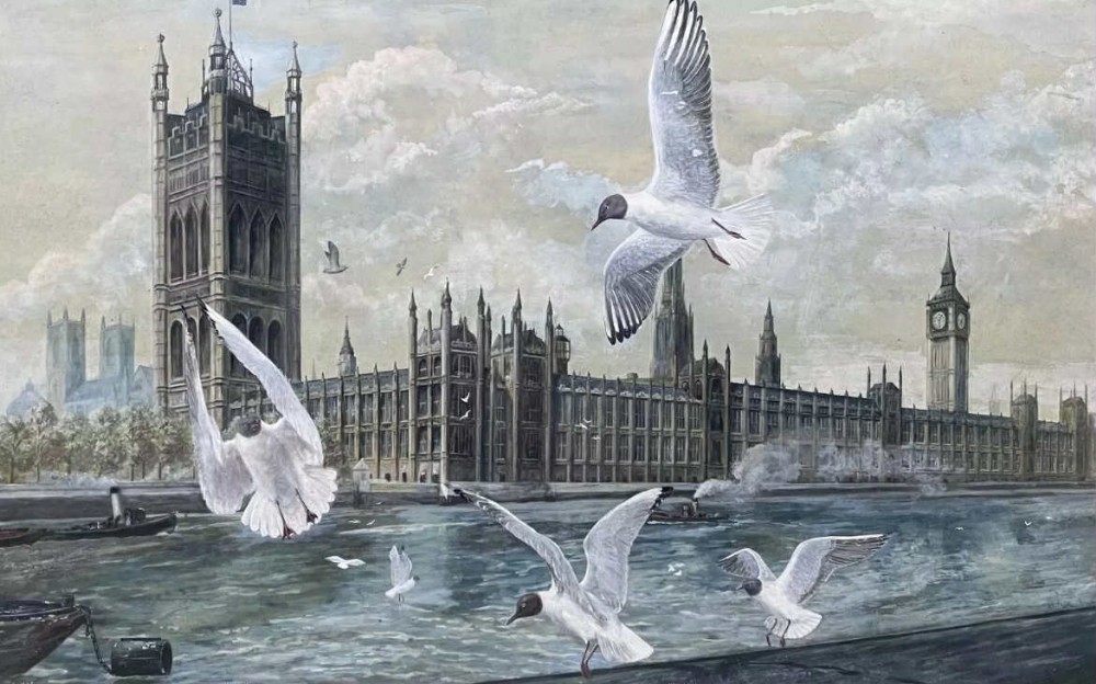 A watercolour painting depicting seagulls in flight over the River Thames with the Palace of Westminster and Big Ben in the background under a cloudy grey sky.