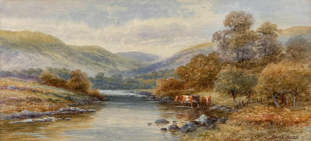 A horizontal watercolour painting depicting cattle standing in a river surrounded by hills and trees in the Welsh countryside.
