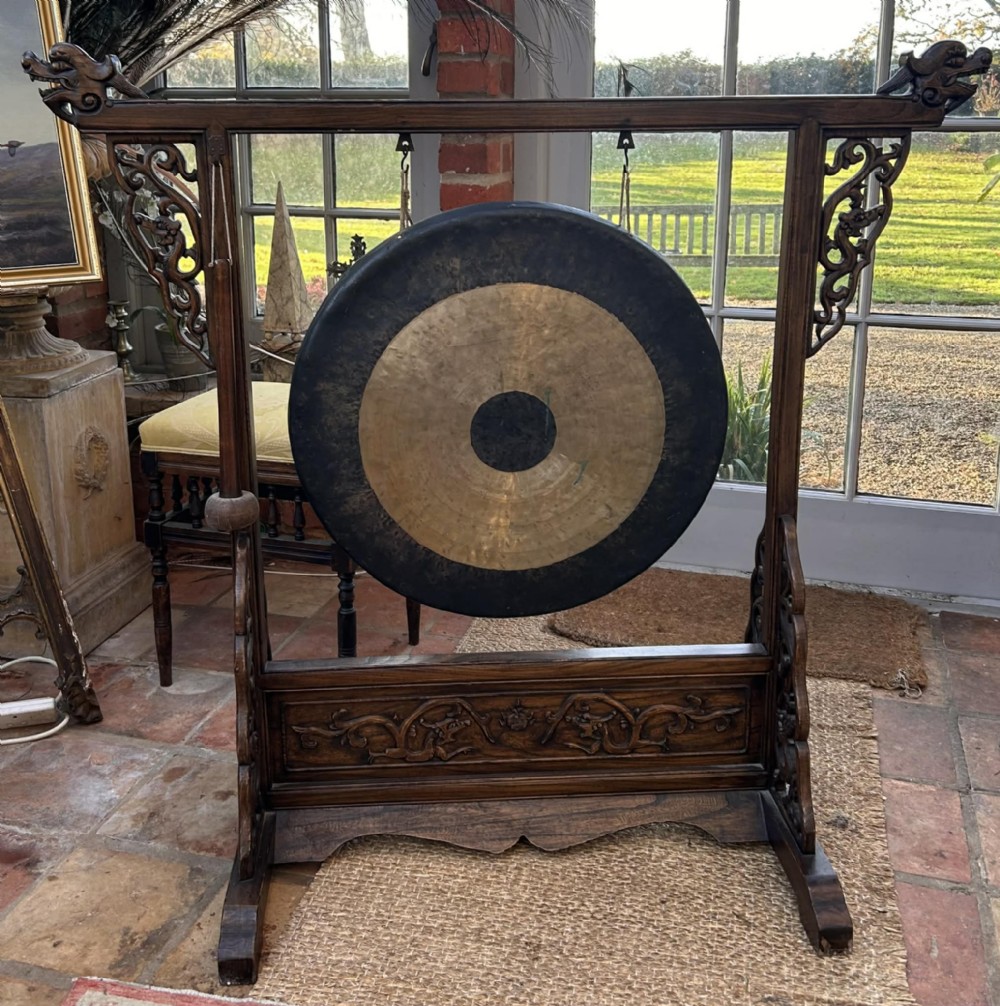 Large Antique Chinese Imperial Dragon Dinner Gong with Stand 