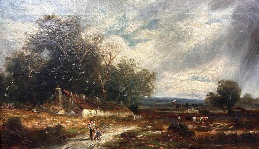 A 19th-century oil painting depicting a rural English landscape with a thatched cottage, figures on a dirt path, dense trees, and a dramatic stormy sky.