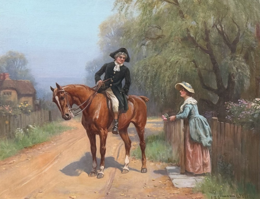 An oil painting depicting a gentleman in period costume on a chestnut horse speaking to a woman leaning over a wooden garden gate.
