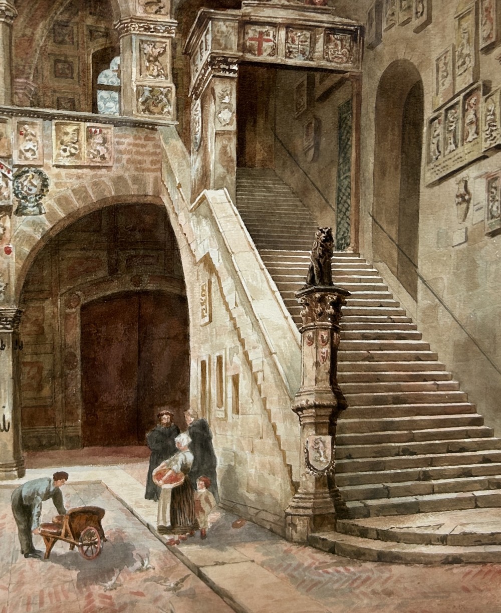 A framed watercolour painting depicting the stone courtyard and grand staircase of the Bargello in Florence with figures at the base. View II