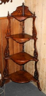 Victorian Figured Walnut & Satinwood Inlaid Corner Etagere