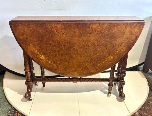 VICTORIAN BURR WALNUT AND FLORAL MARQUETRY INLAID OVAL SUTHERLAND TABLE - ADDITIONAL PHOTO 2