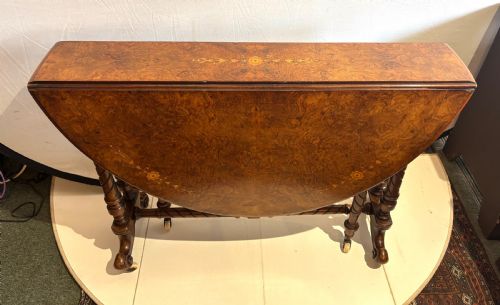 VICTORIAN BURR WALNUT AND FLORAL MARQUETRY INLAID OVAL SUTHERLAND TABLE - ADDITIONAL PHOTO 3