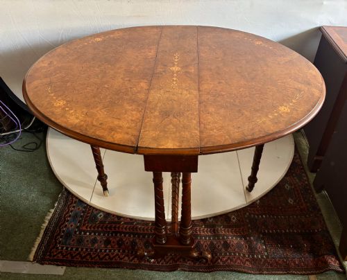 VICTORIAN BURR WALNUT AND FLORAL MARQUETRY INLAID OVAL SUTHERLAND TABLE - ADDITIONAL PHOTO 7