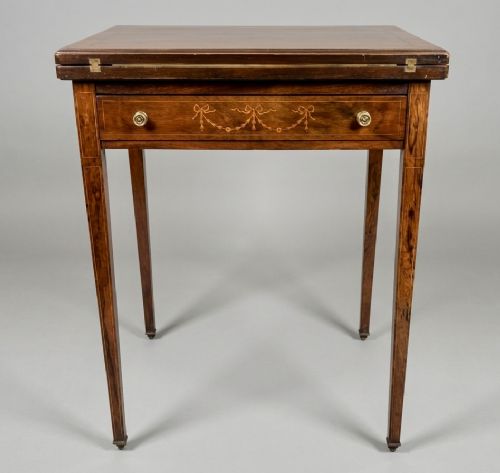 EDWARDIAN ROSEWOOD AND SATINWOOD INLAID ENVELOPE TOP CARD TABLE - ADDITIONAL PHOTO 1