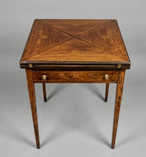 EDWARDIAN ROSEWOOD AND SATINWOOD INLAID ENVELOPE TOP CARD TABLE - ADDITIONAL PHOTO 2