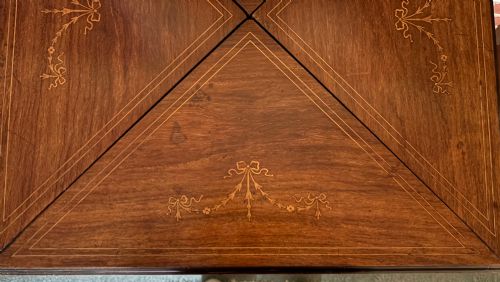 EDWARDIAN ROSEWOOD AND SATINWOOD INLAID ENVELOPE TOP CARD TABLE - ADDITIONAL PHOTO 4